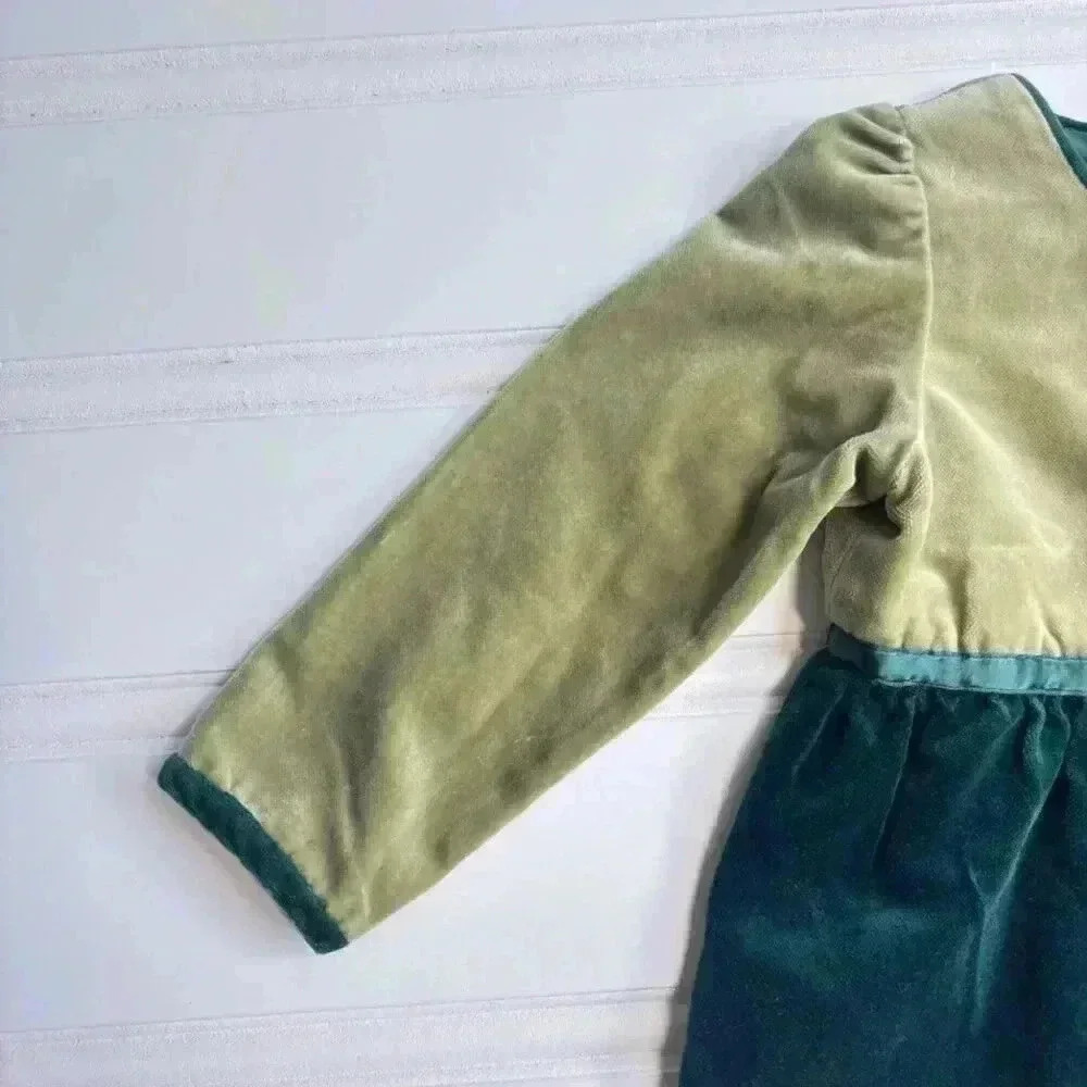 Hanna Andersson Girls Dress size 80 Holiday Green Velvet color block bow 18-24M - Picture 2 of 6